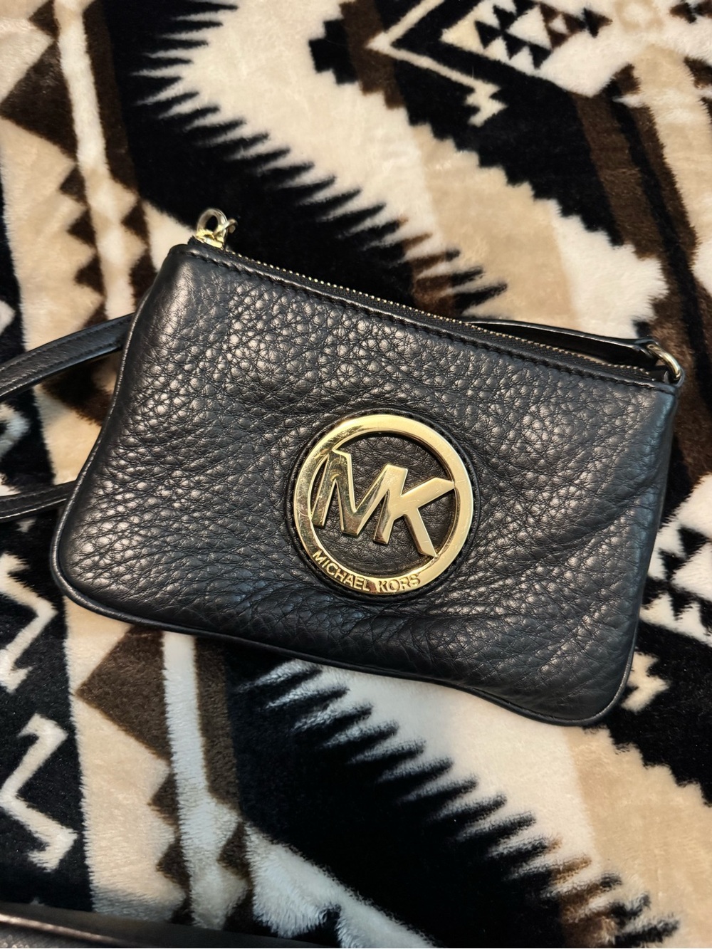 Michael Kors Black Leather Crossbody with Gold MK Emblem